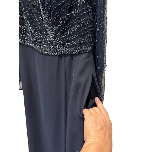 Adrianna Papell 40398 Bishop Sleeve Beaded Bodice Dress, Navy, 16, MOB, Preowned - Picture 8 of 14